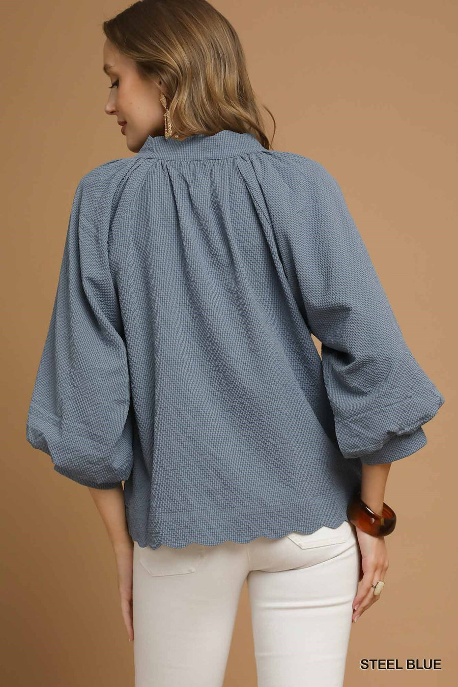 LaShea Puff Sleeve V-Neck Textured Blouse Top