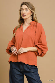 LaShea Puff Sleeve V-Neck Textured Blouse Top