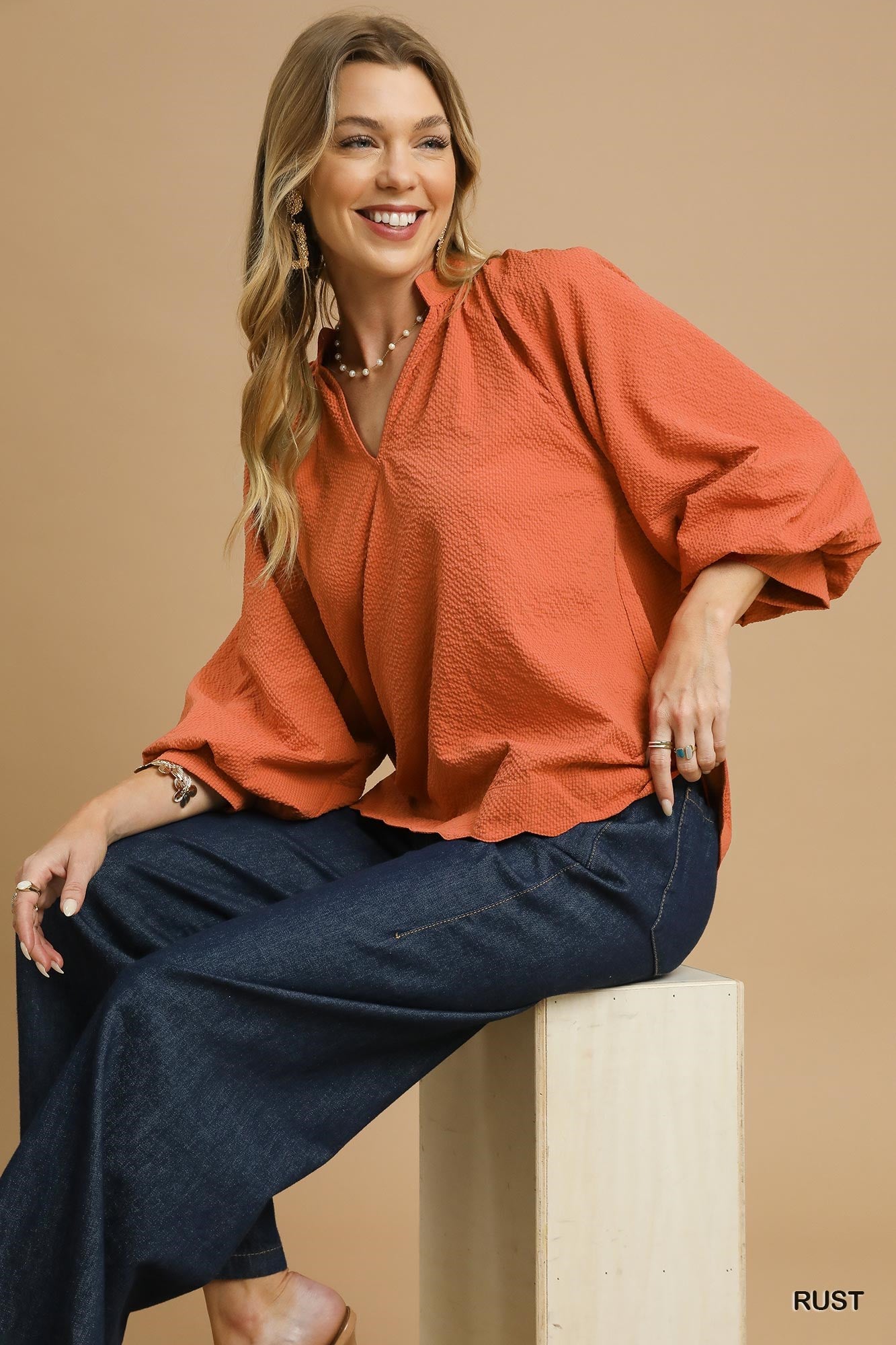 LaShea Puff Sleeve V-Neck Textured Blouse Top