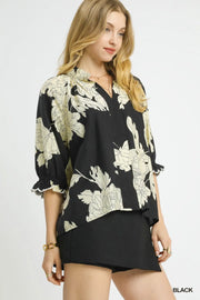 Peony Paradise Scalloped Puff Sleeve V-Neck Peony Print Blouse Top