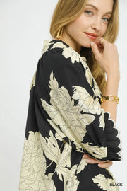 Peony Paradise Scalloped Puff Sleeve V-Neck Peony Print Blouse Top