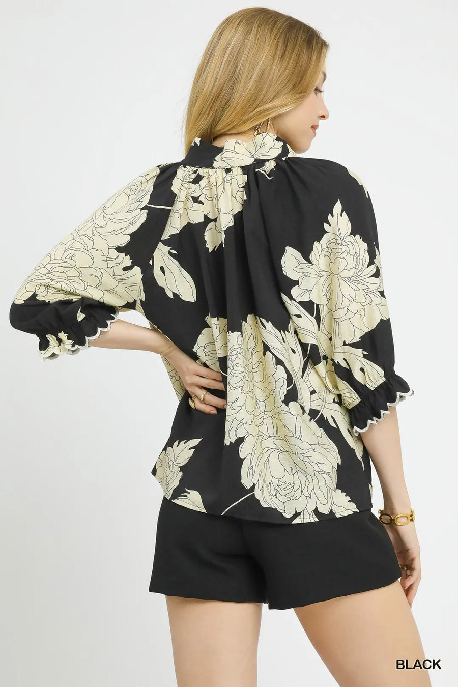 Peony Paradise Scalloped Puff Sleeve V-Neck Peony Print Blouse Top