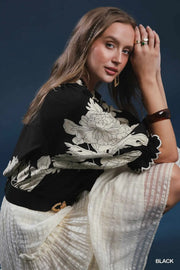 Peony Paradise Scalloped Puff Sleeve V-Neck Peony Print Blouse Top