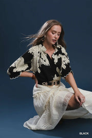 Peony Paradise Scalloped Puff Sleeve V-Neck Peony Print Blouse Top