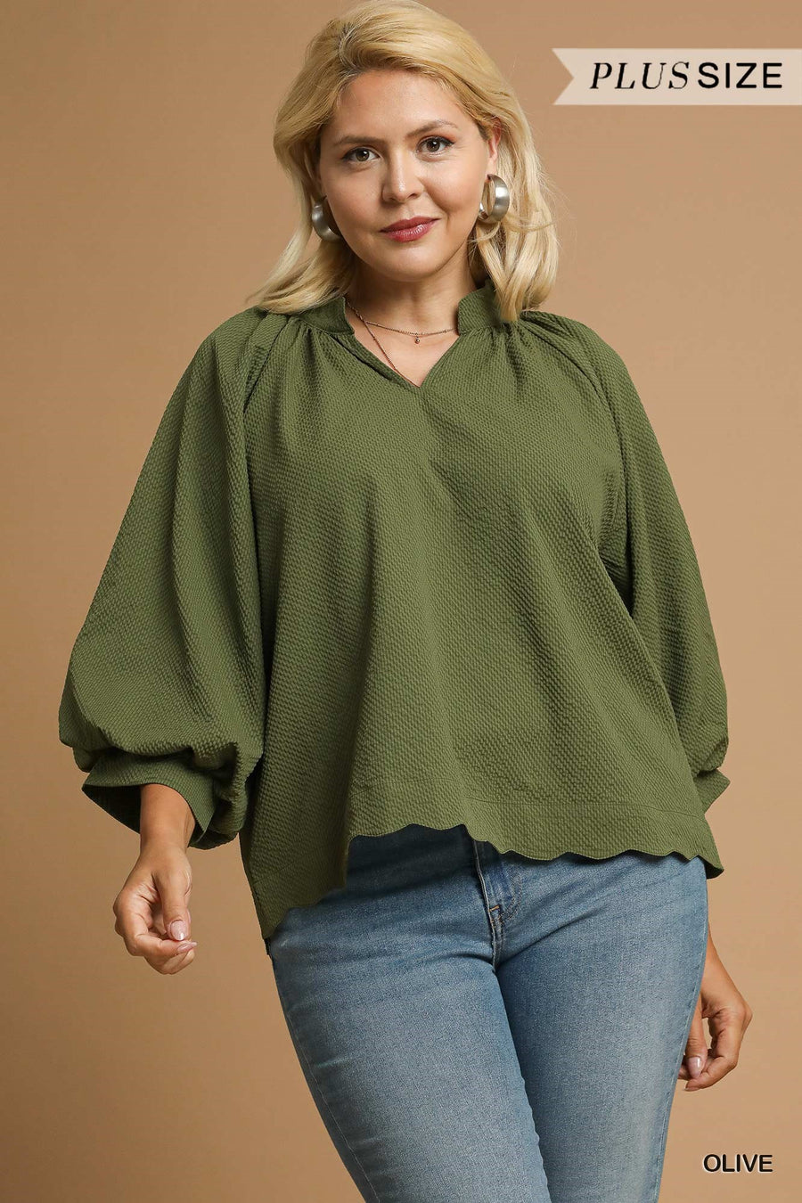 LaShea Puff Sleeve V-Neck Textured Blouse Top