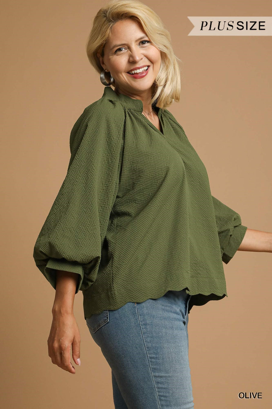 LaShea Puff Sleeve V-Neck Textured Blouse Top