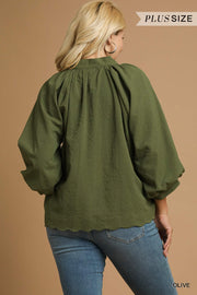 LaShea Puff Sleeve V-Neck Textured Blouse Top