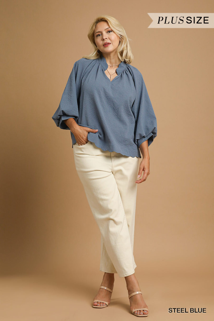 LaShea Puff Sleeve V-Neck Textured Blouse Top