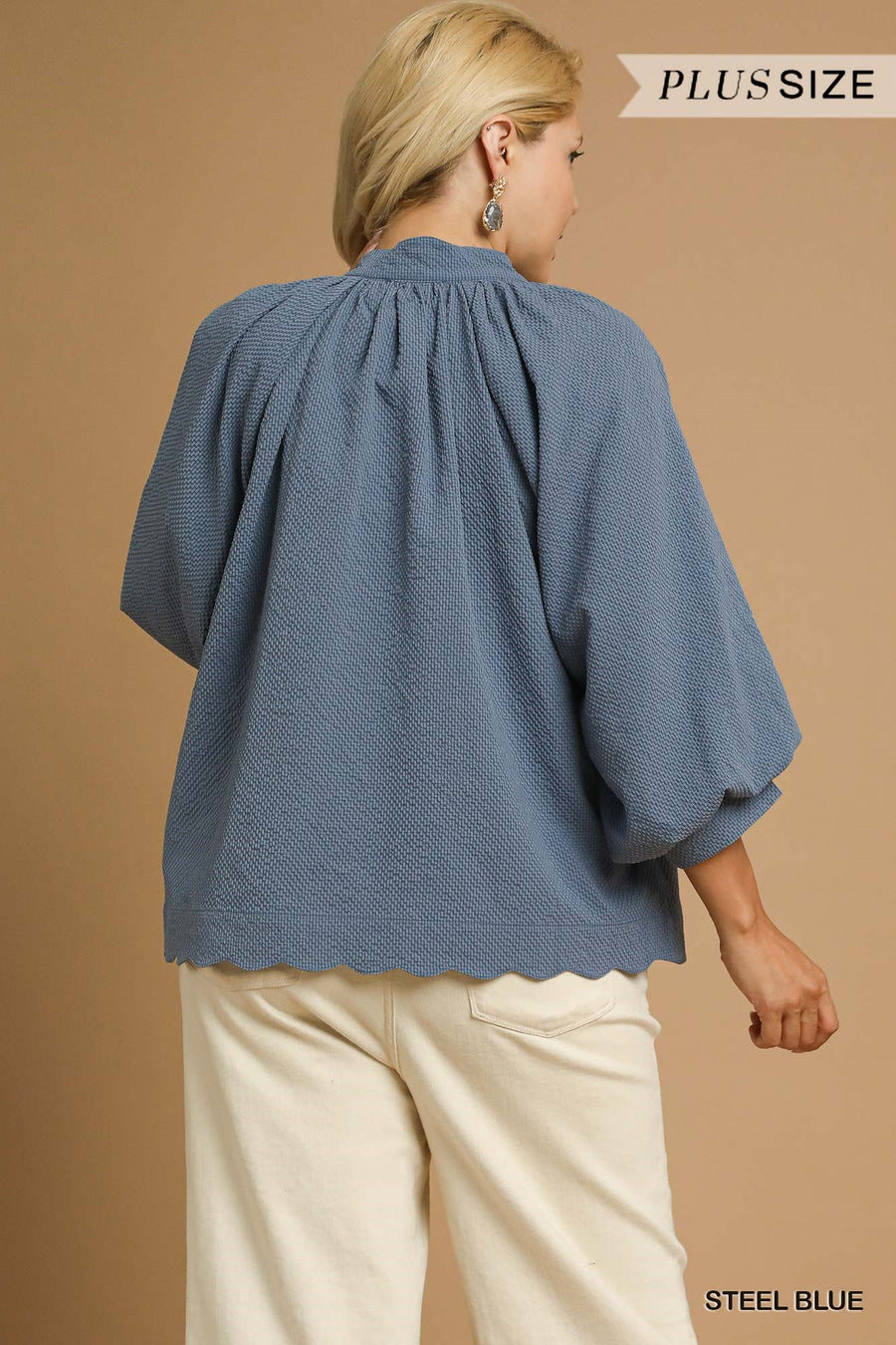 LaShea Puff Sleeve V-Neck Textured Blouse Top