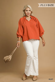 LaShea Puff Sleeve V-Neck Textured Blouse Top