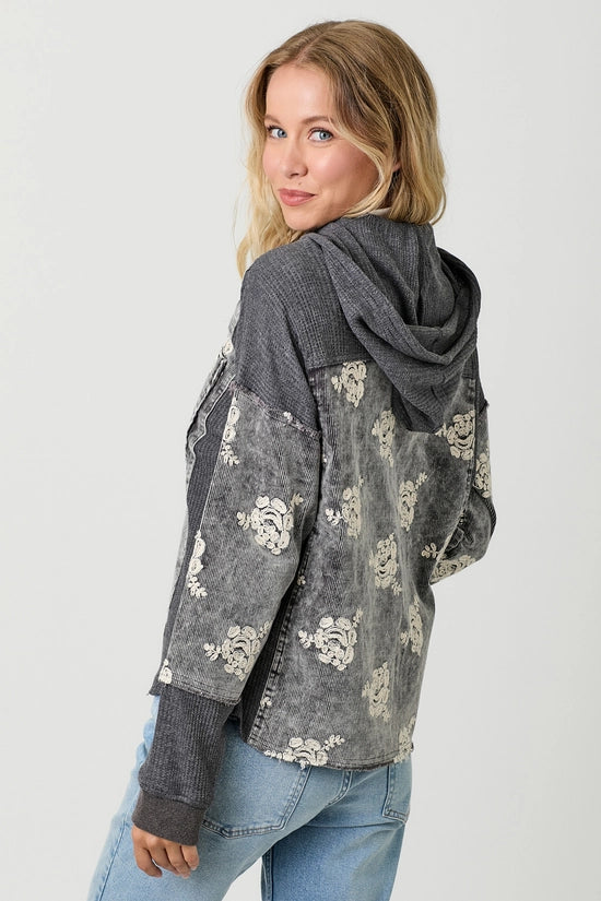 Jessamine Flower Embroidery Hoodie Corduroy Jacket