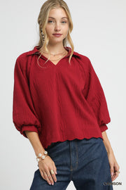 LaRae Puff Sleeve V-Neck Crosshatch Embossed Texture Blouse Top