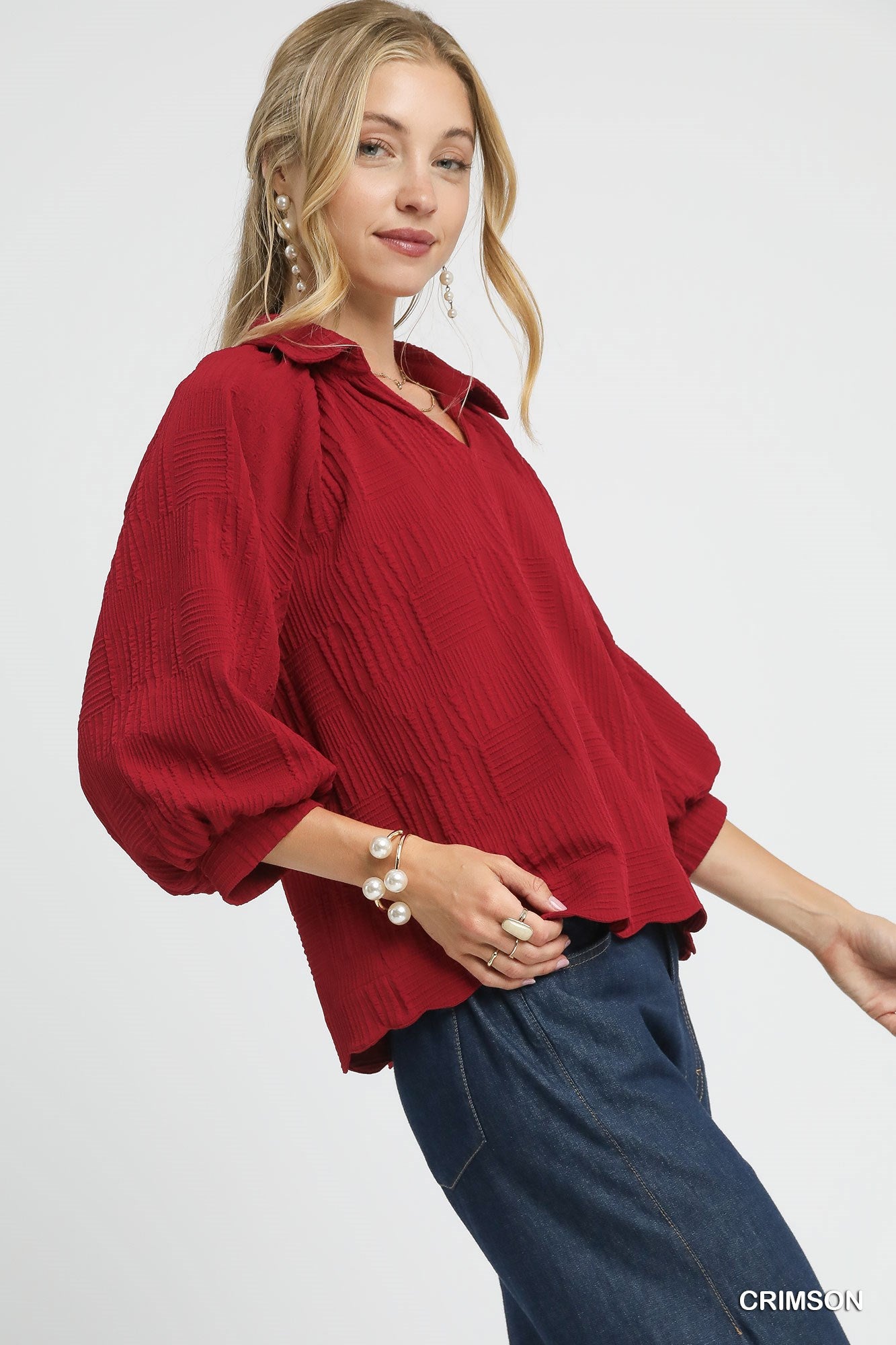 LaRae Puff Sleeve V-Neck Crosshatch Embossed Texture Blouse Top