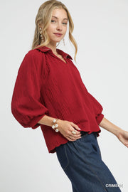 LaRae Puff Sleeve V-Neck Crosshatch Embossed Texture Blouse Top