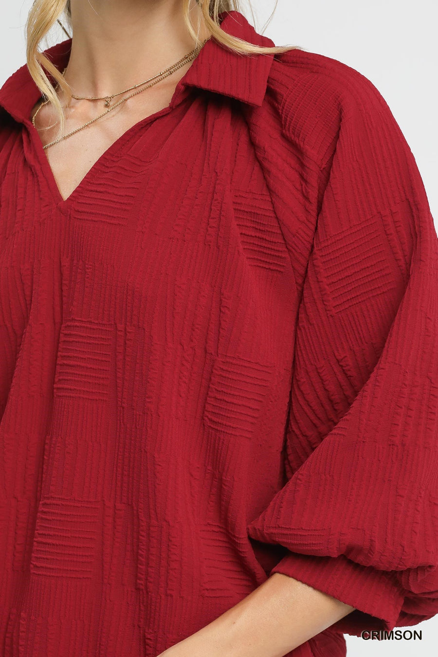 LaRae Puff Sleeve V-Neck Crosshatch Embossed Texture Blouse Top