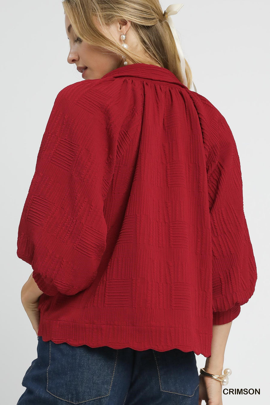 LaRae Puff Sleeve V-Neck Crosshatch Embossed Texture Blouse Top
