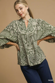 Alondra Boho Paisley Pintuck Blouse