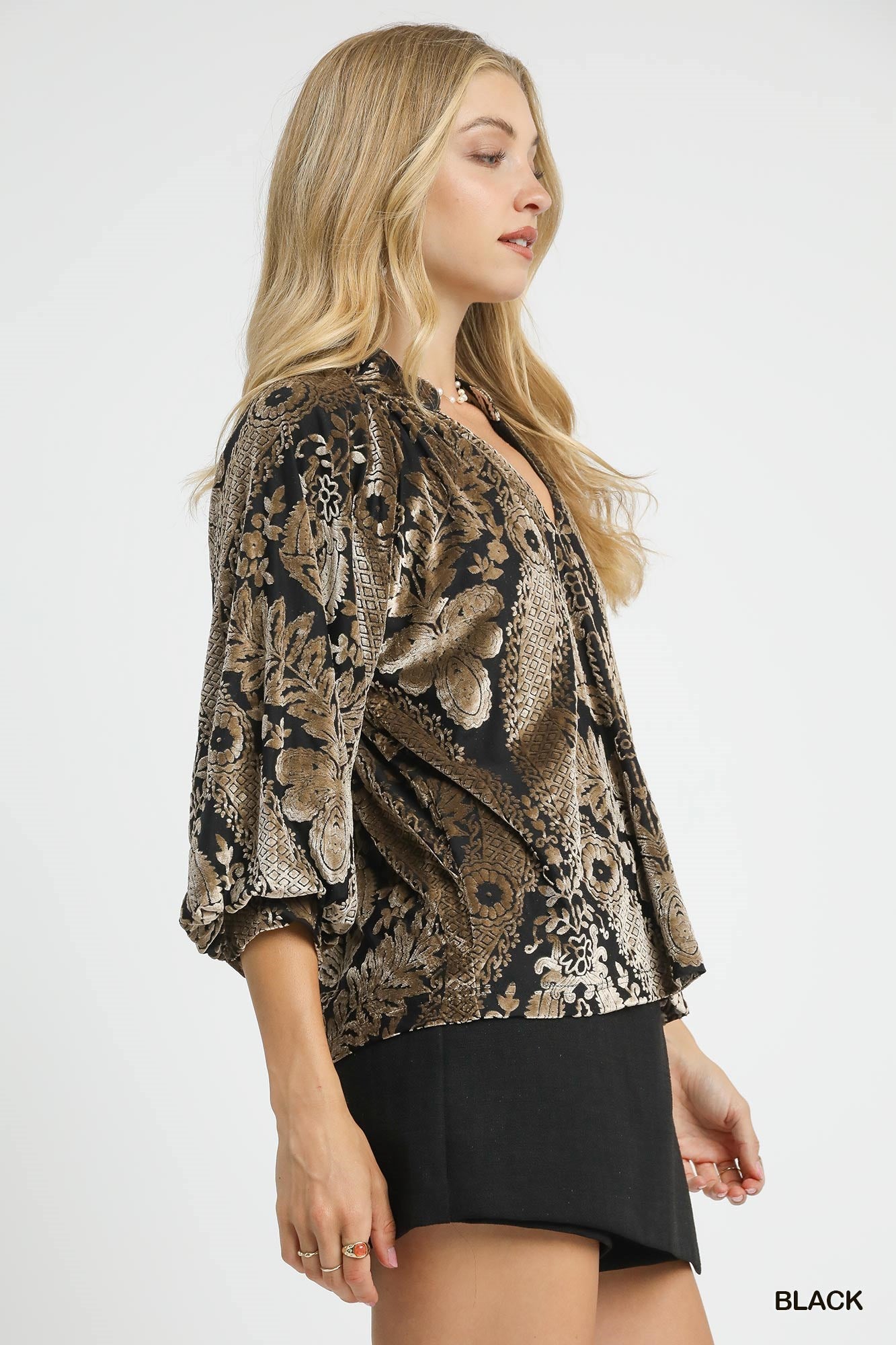 Baroque Velvet Burnout Puff Sleeve V-Neck Blouse Top