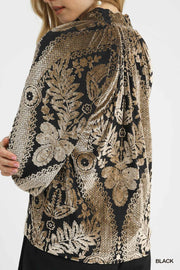 Baroque Velvet Burnout Puff Sleeve V-Neck Blouse Top