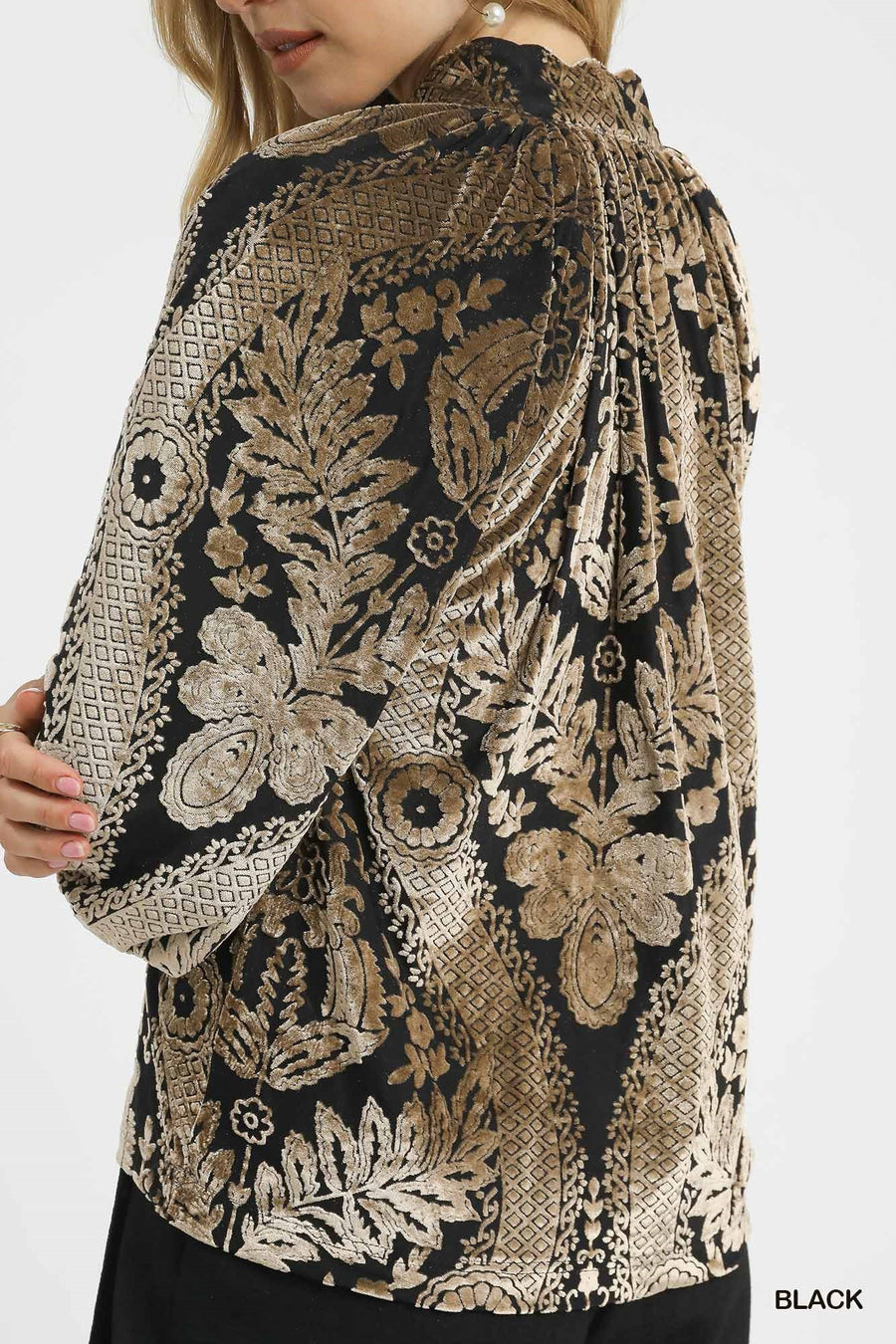 Baroque Velvet Burnout Puff Sleeve V-Neck Blouse Top