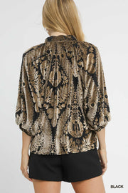 Baroque Velvet Burnout Puff Sleeve V-Neck Blouse Top
