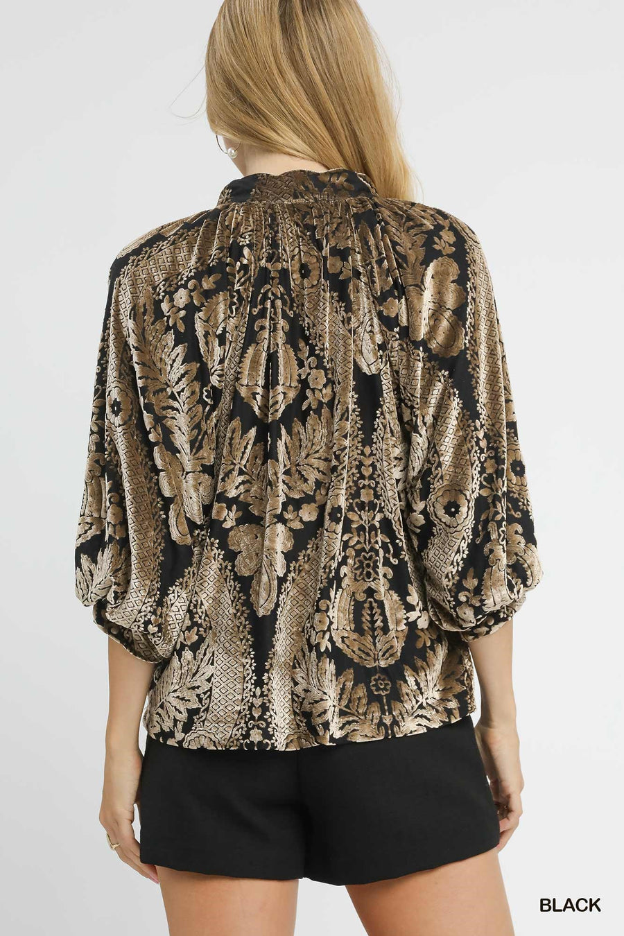Baroque Velvet Burnout Puff Sleeve V-Neck Blouse Top