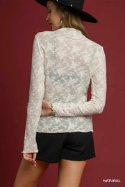Sheer Lace Textured Floral Long Sleeve Top