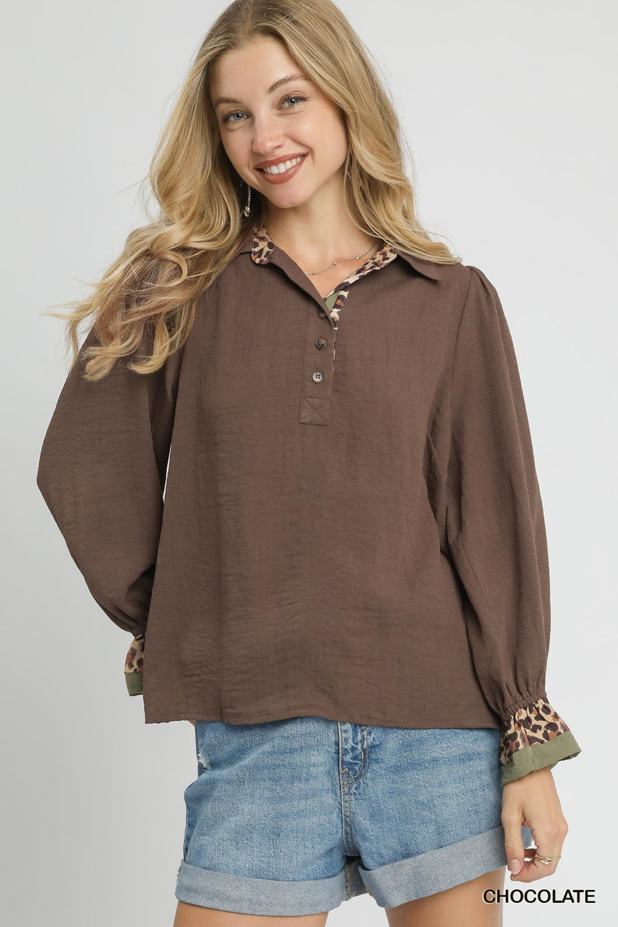Wilma Button V-Neck Collared Blouse with Ruffled Sleeves and Leopard Trim