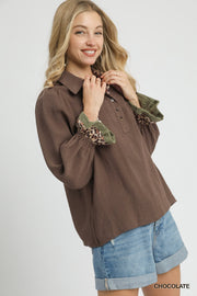 Wilma Button V-Neck Collared Blouse with Ruffled Sleeves and Leopard Trim