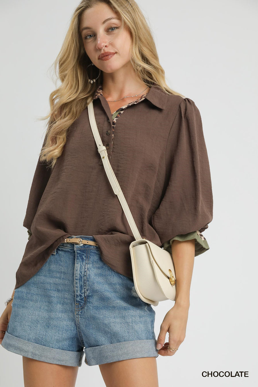 Wilma Button V-Neck Collared Blouse with Ruffled Sleeves and Leopard Trim