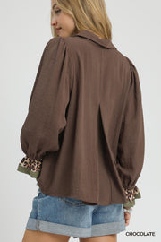 Wilma Button V-Neck Collared Blouse with Ruffled Sleeves and Leopard Trim