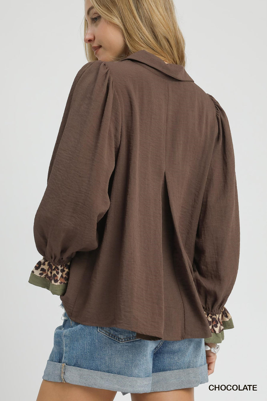Wilma Button V-Neck Collared Blouse with Ruffled Sleeves and Leopard Trim