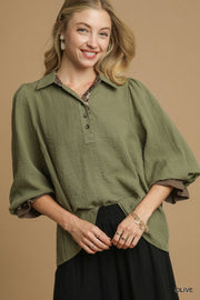 Wilma Button V-Neck Collared Blouse with Ruffled Sleeves and Leopard Trim