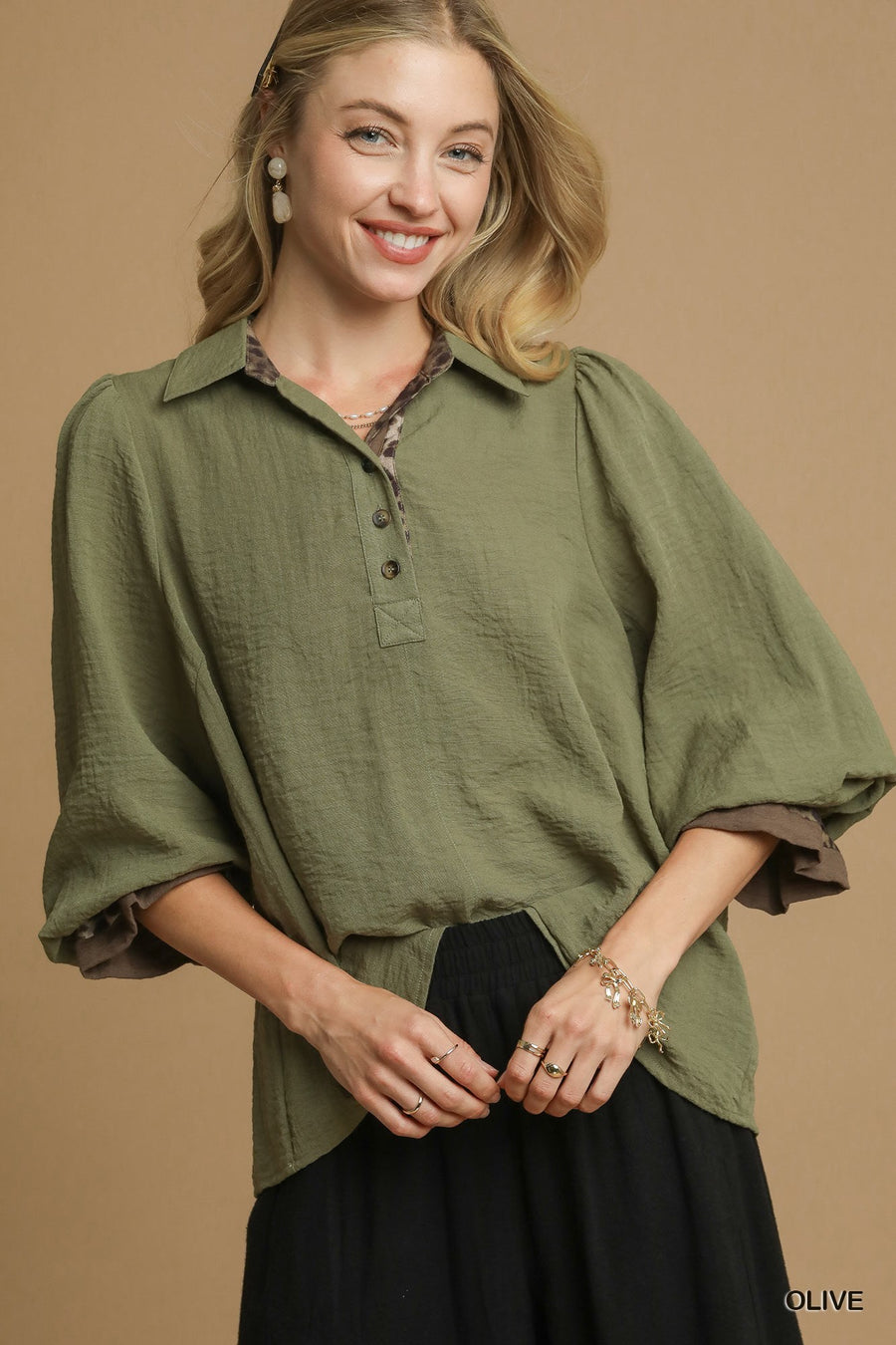 Wilma Button V-Neck Collared Blouse with Ruffled Sleeves and Leopard Trim