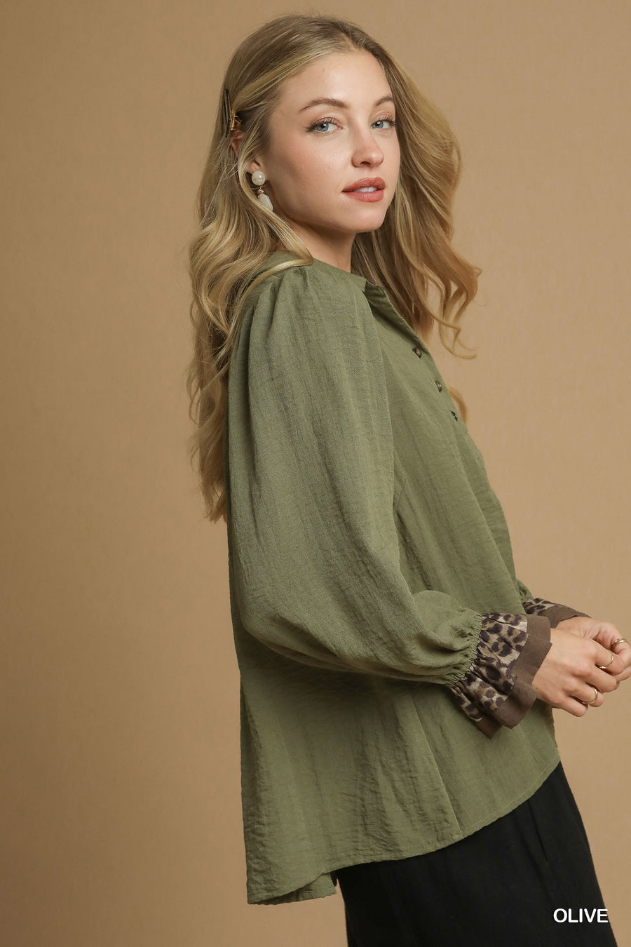 Wilma Button V-Neck Collared Blouse with Ruffled Sleeves and Leopard Trim
