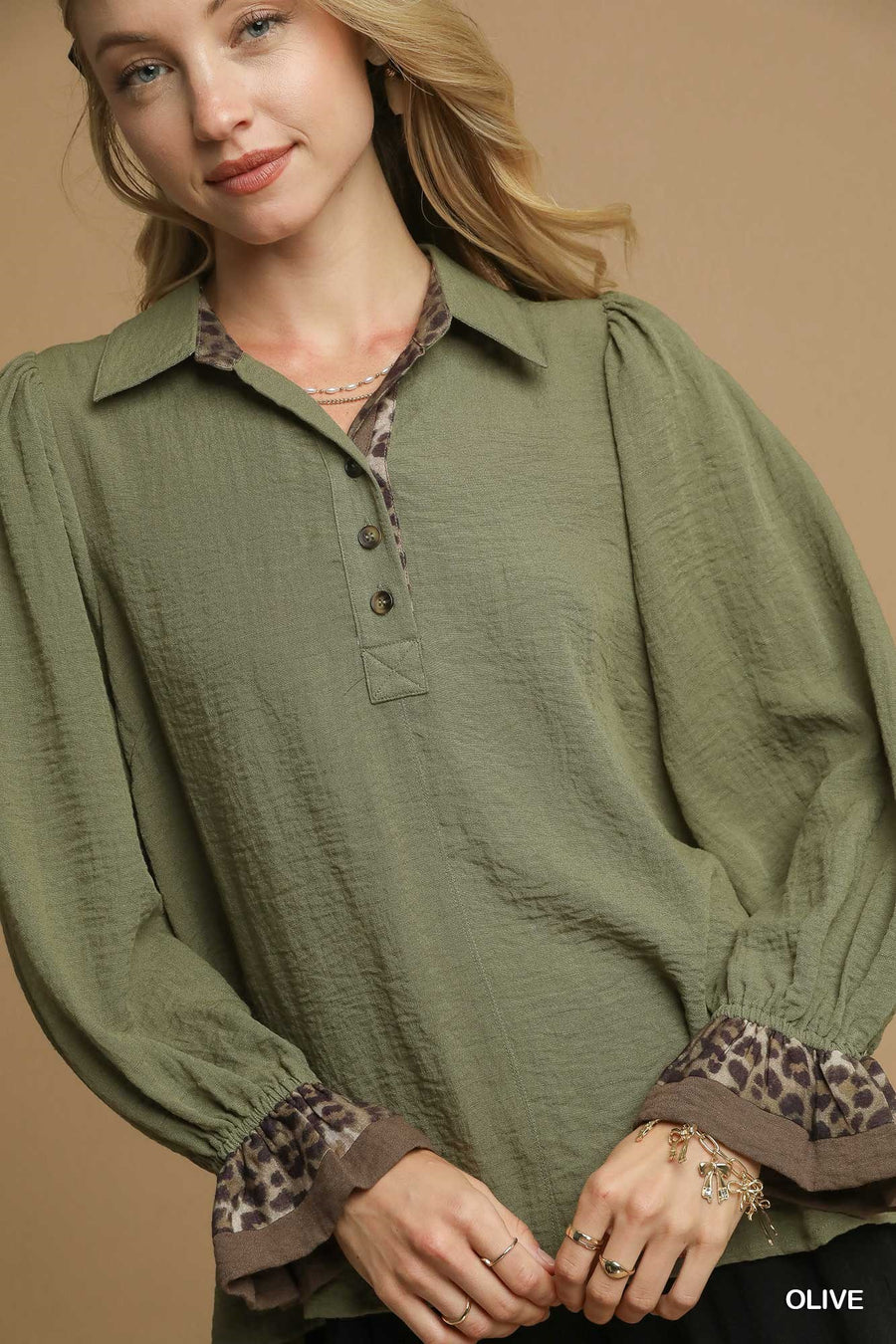 Wilma Button V-Neck Collared Blouse with Ruffled Sleeves and Leopard Trim