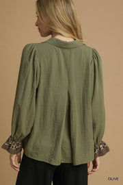 Wilma Button V-Neck Collared Blouse with Ruffled Sleeves and Leopard Trim