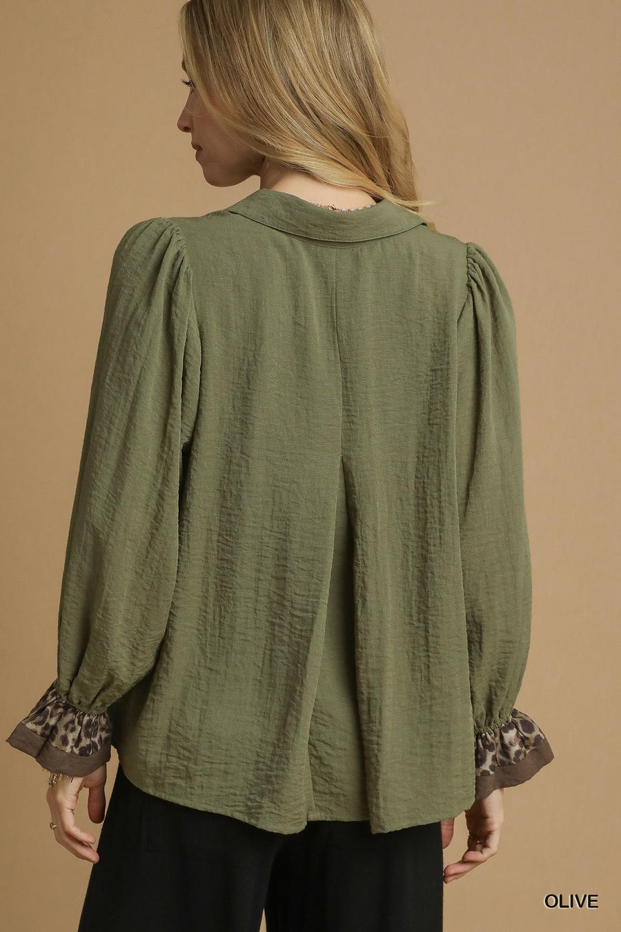 Wilma Button V-Neck Collared Blouse with Ruffled Sleeves and Leopard Trim