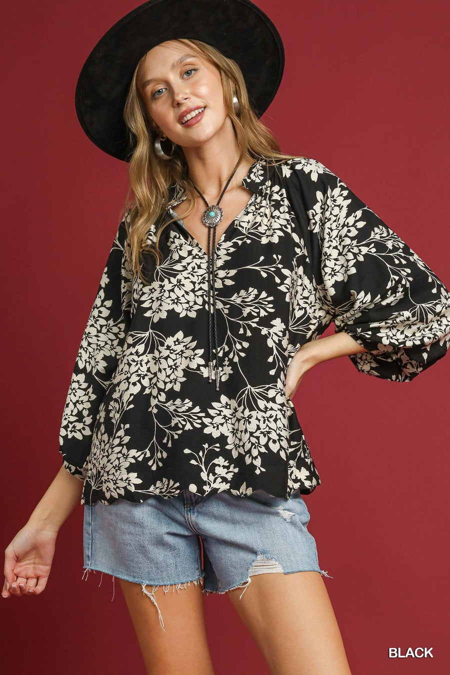 Twilight Bouquet Puff Sleeve V-Neck Botanical Floral Print Blouse Top