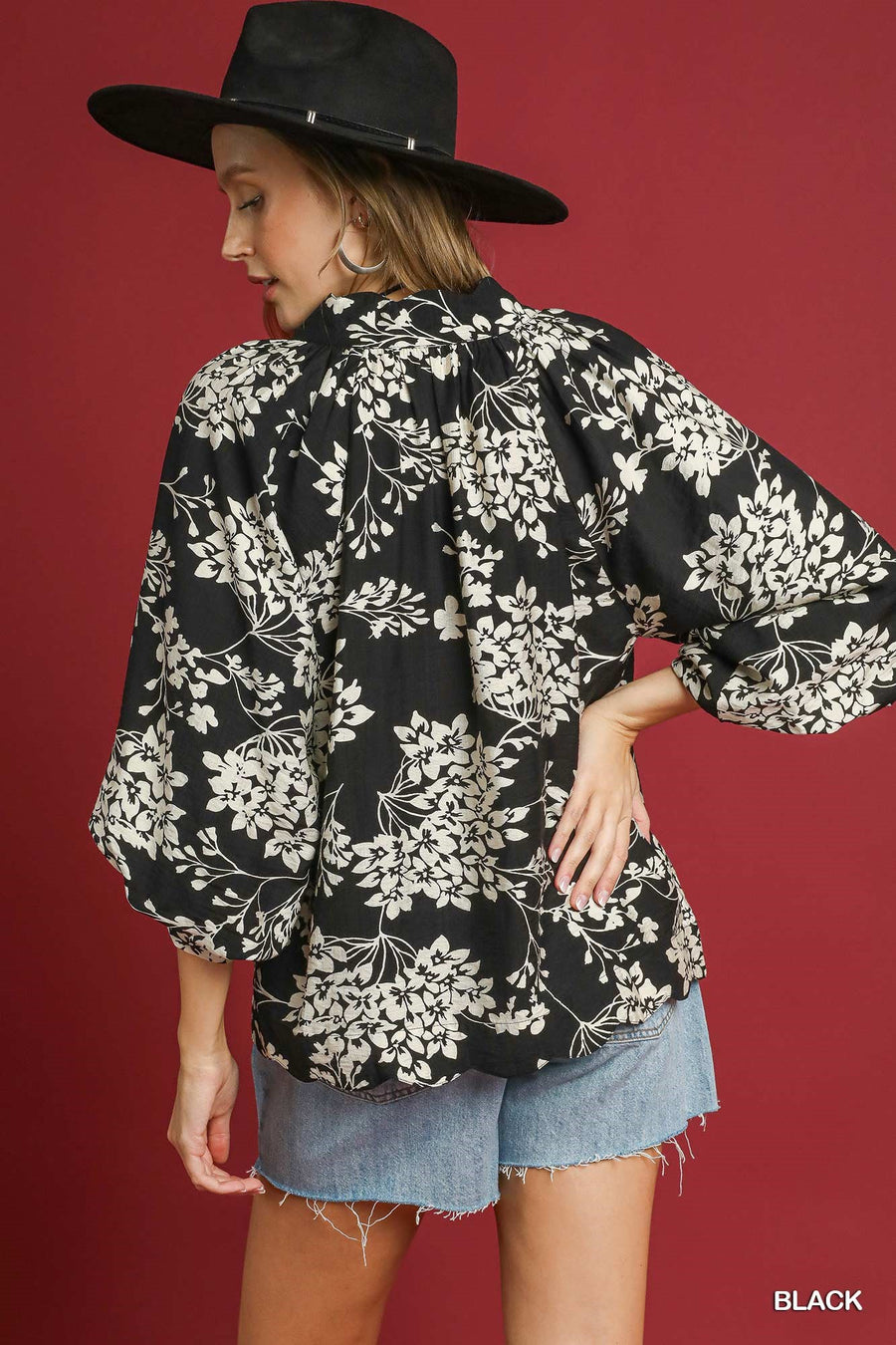 Twilight Bouquet Puff Sleeve V-Neck Botanical Floral Print Blouse Top