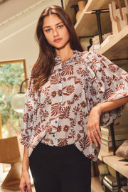 Annalee Ruffle Neckline Blouse with 3/4 Puff Sleeves