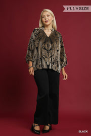 Baroque Velvet Burnout Puff Sleeve V-Neck Blouse Top