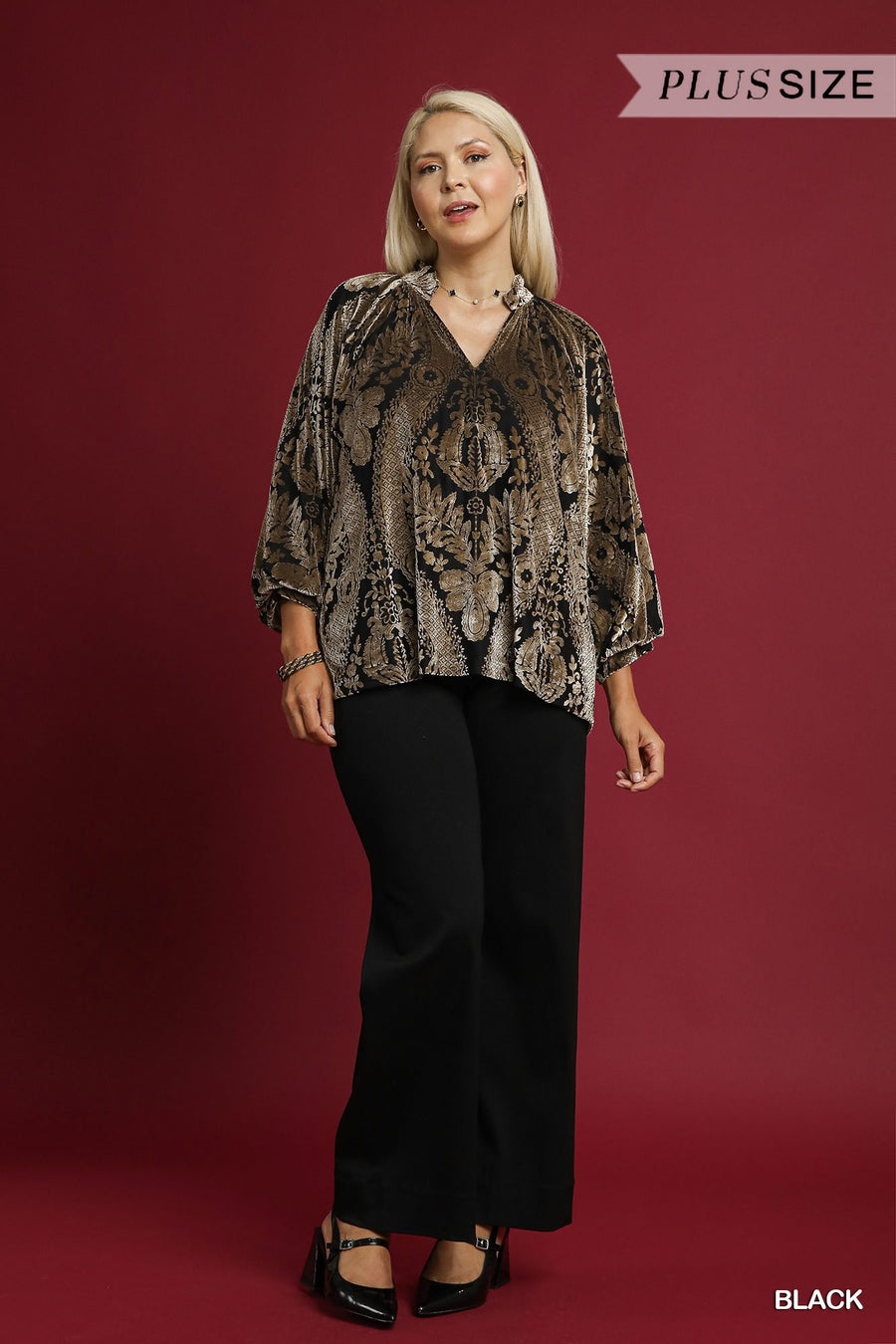 Baroque Velvet Burnout Puff Sleeve V-Neck Blouse Top