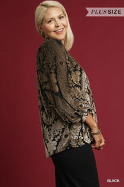 Baroque Velvet Burnout Puff Sleeve V-Neck Blouse Top