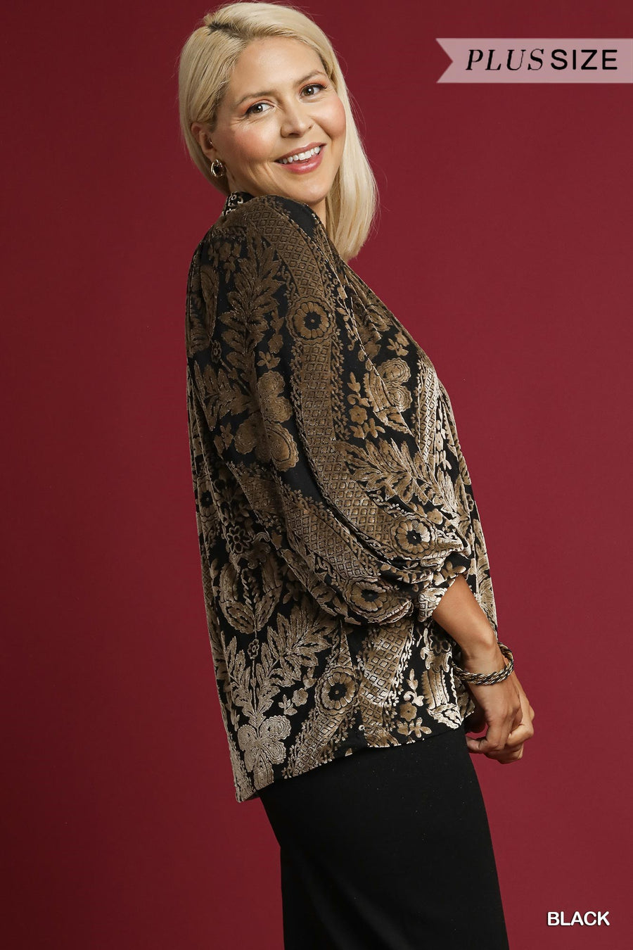 Baroque Velvet Burnout Puff Sleeve V-Neck Blouse Top