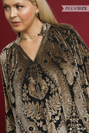Baroque Velvet Burnout Puff Sleeve V-Neck Blouse Top