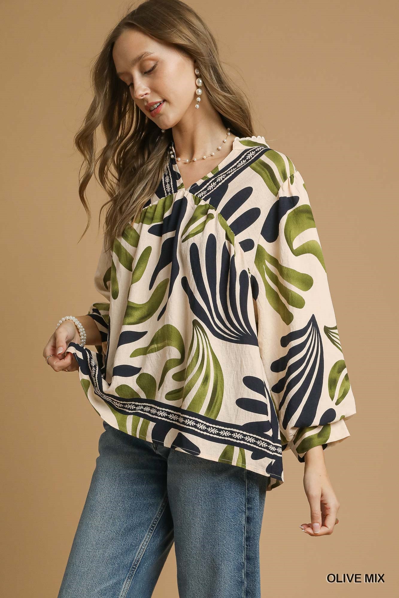 Gretel Boho Leaf Print Blouse Top