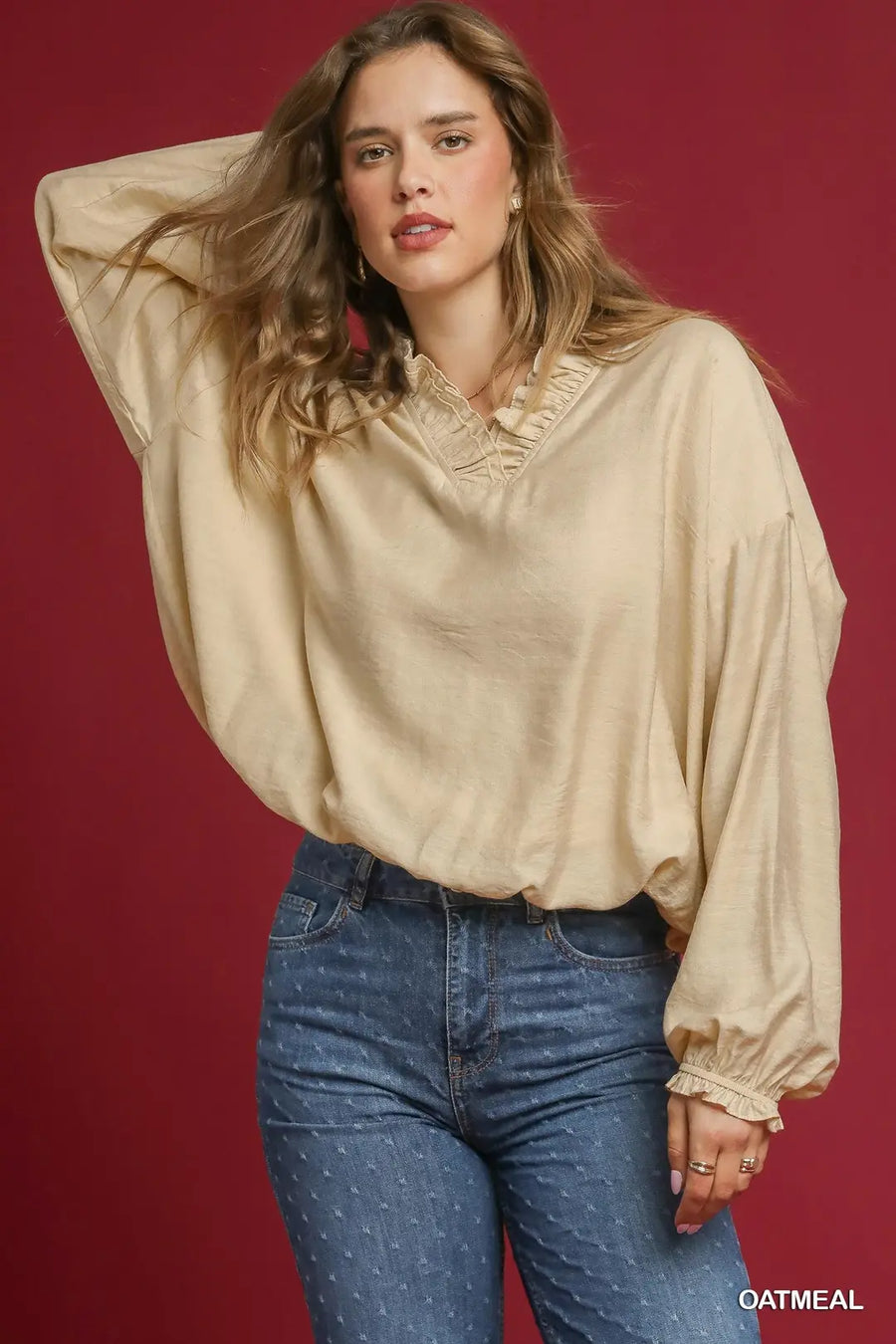 Angelica Ruffled V-Neckline Bubble Blouse Top