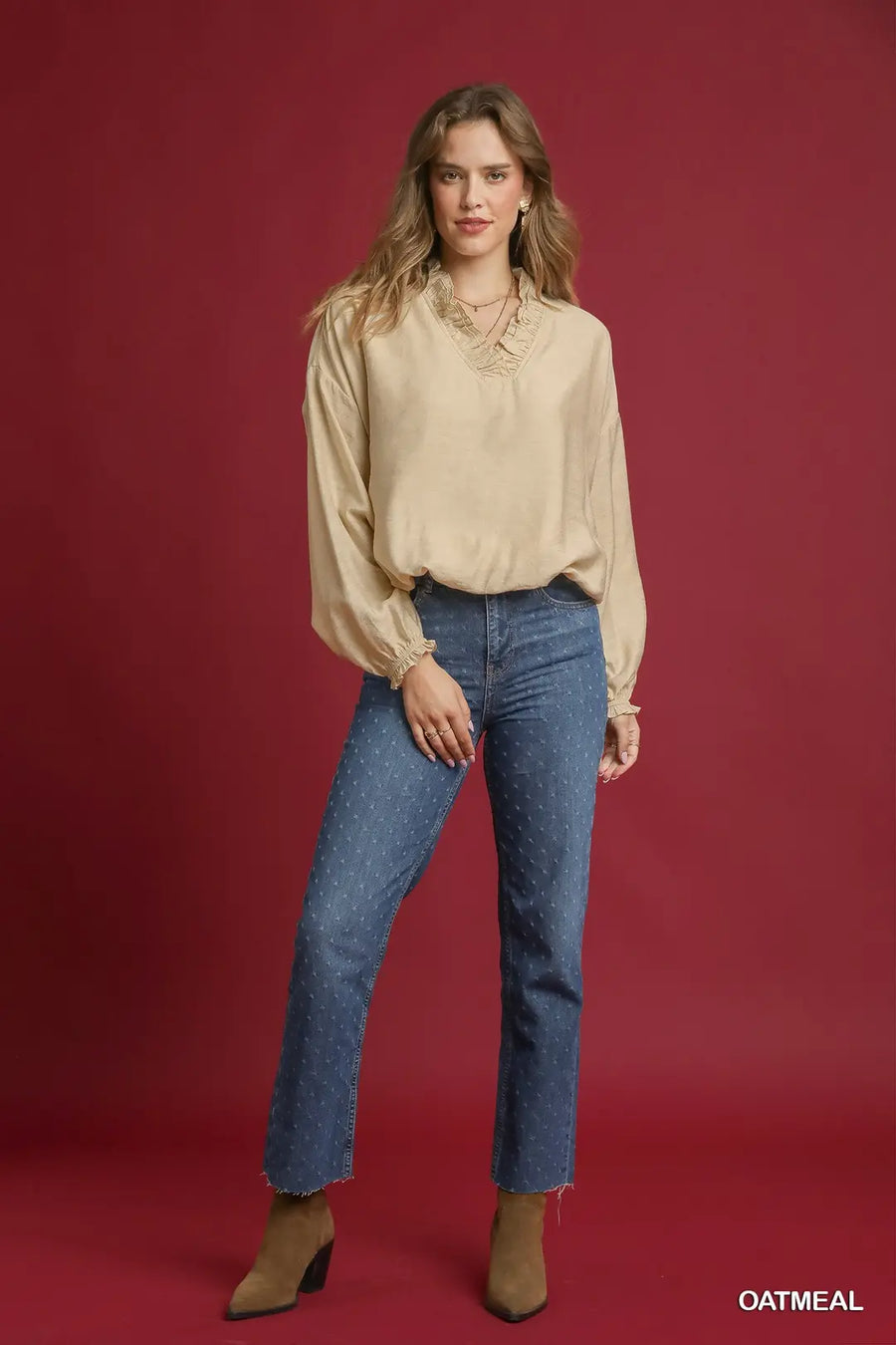 Angelica Ruffled V-Neckline Bubble Blouse Top