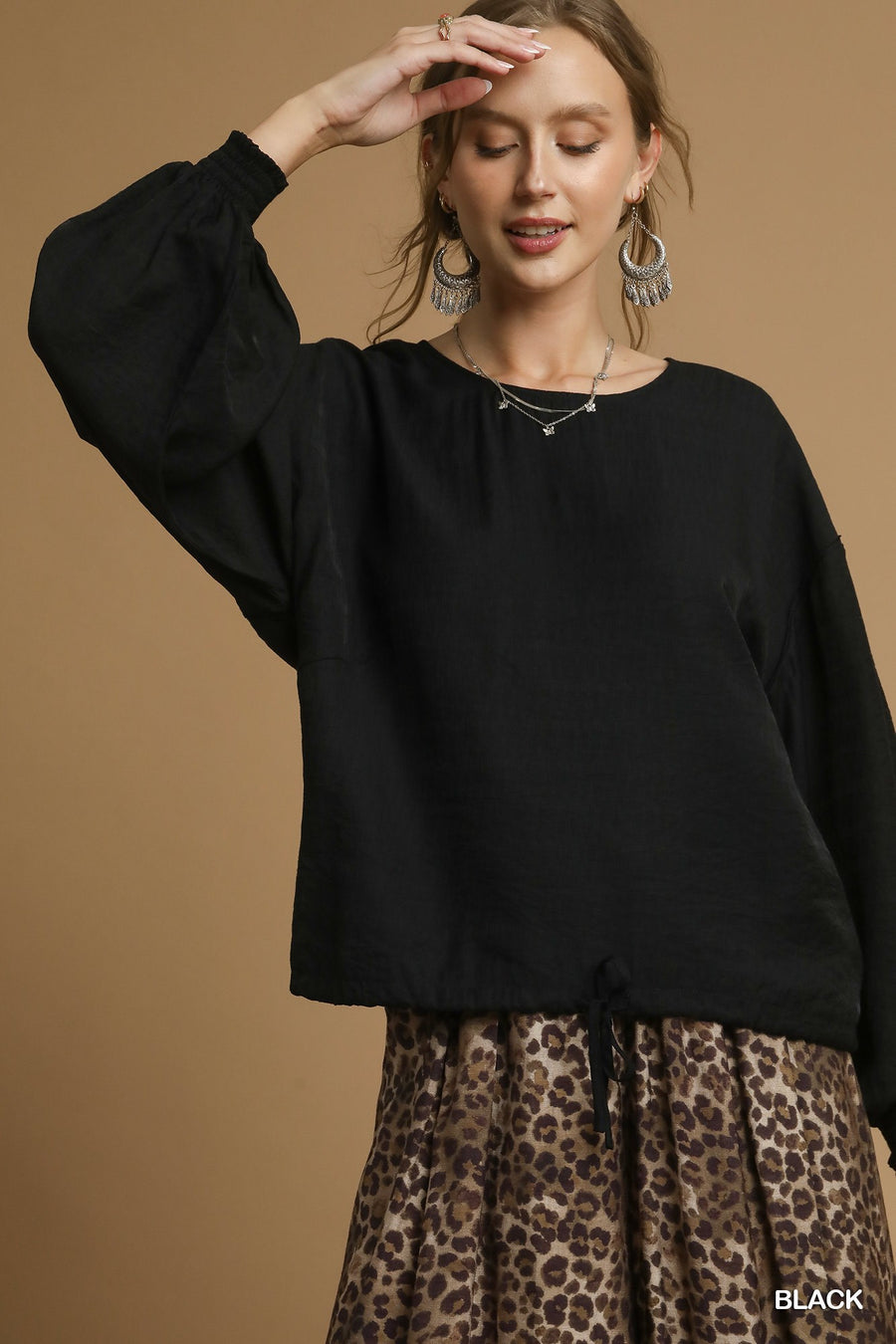 Deena Long Sleeve Drawstring Waist Blouse Top